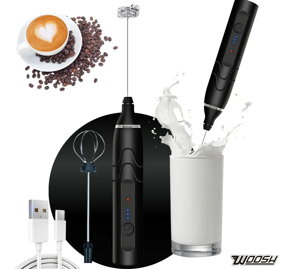 Mixer Elétrico Portátil 2 em 1 Recarregável 3 Velocidades USB Woosh