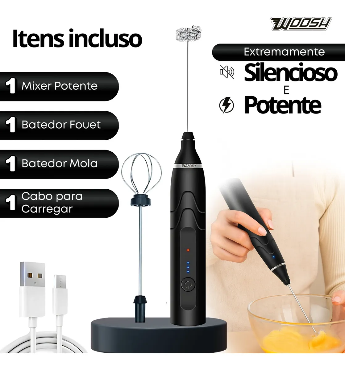 Mixer Elétrico Portátil 2 em 1 Recarregável 3 Velocidades USB Woosh 6