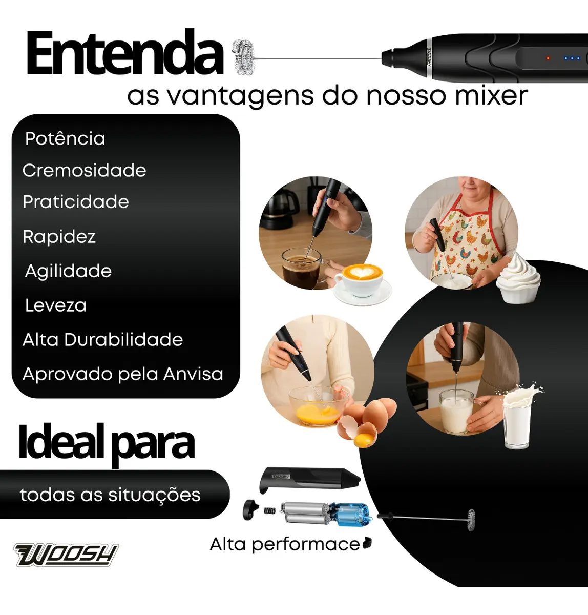 Mixer Elétrico Portátil 2 em 1 Recarregável 3 Velocidades USB Woosh 7