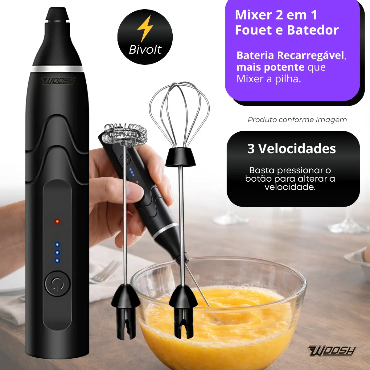 Mixer Elétrico Portátil 2 em 1 Recarregável 3 Velocidades USB Woosh 8