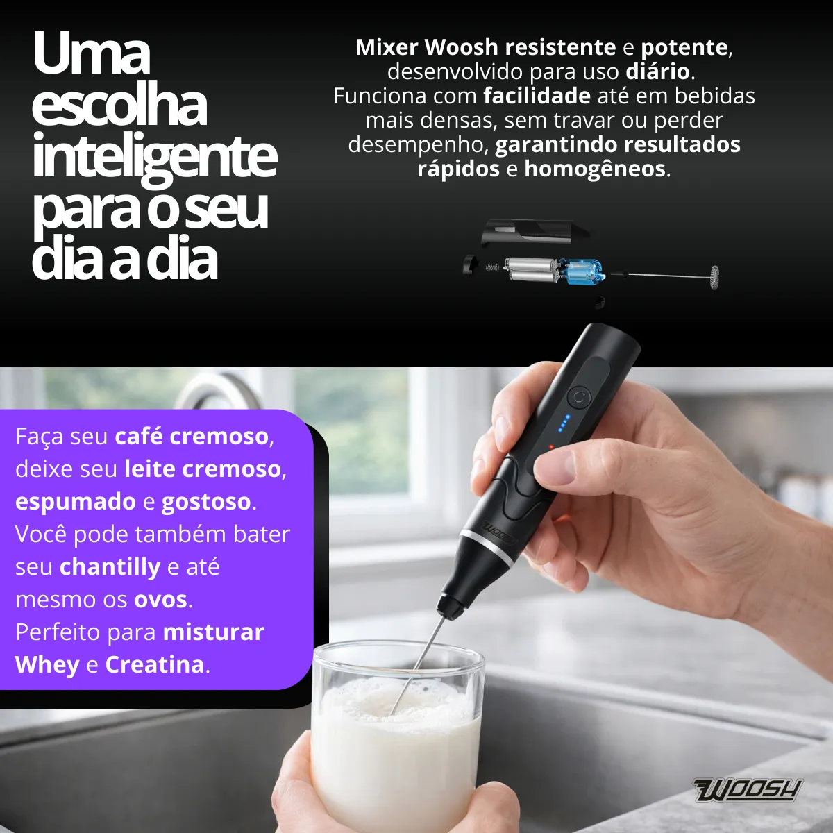 Mixer Elétrico Portátil 2 em 1 Recarregável 3 Velocidades USB Woosh 10