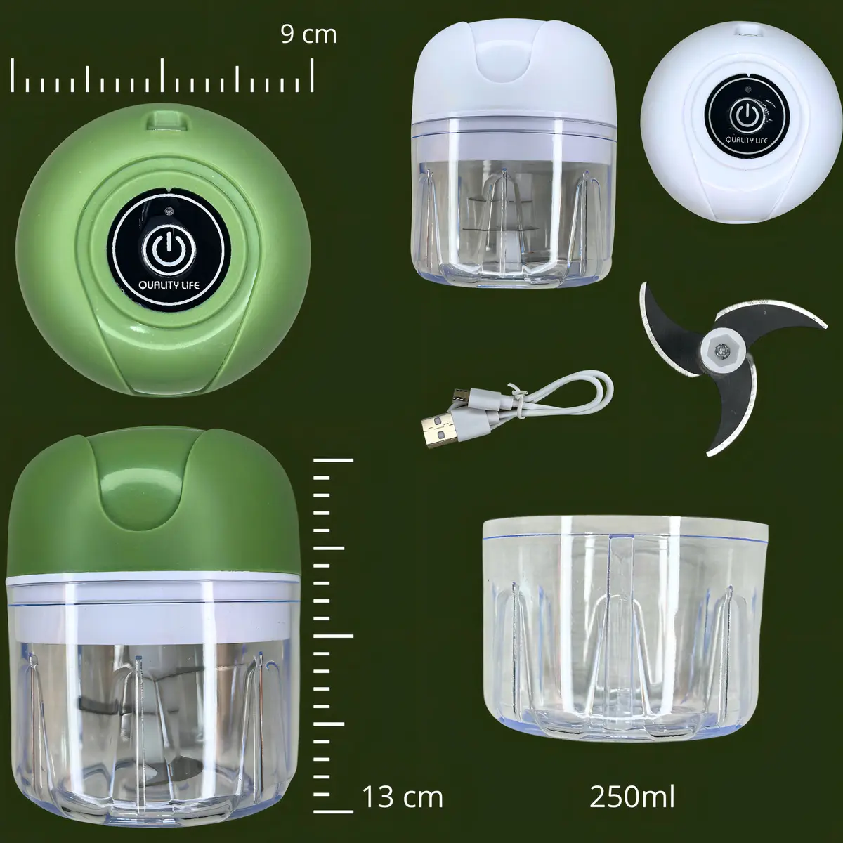 Mini Processador Moedor Elétrico Alho Sem Fio 250ml 8