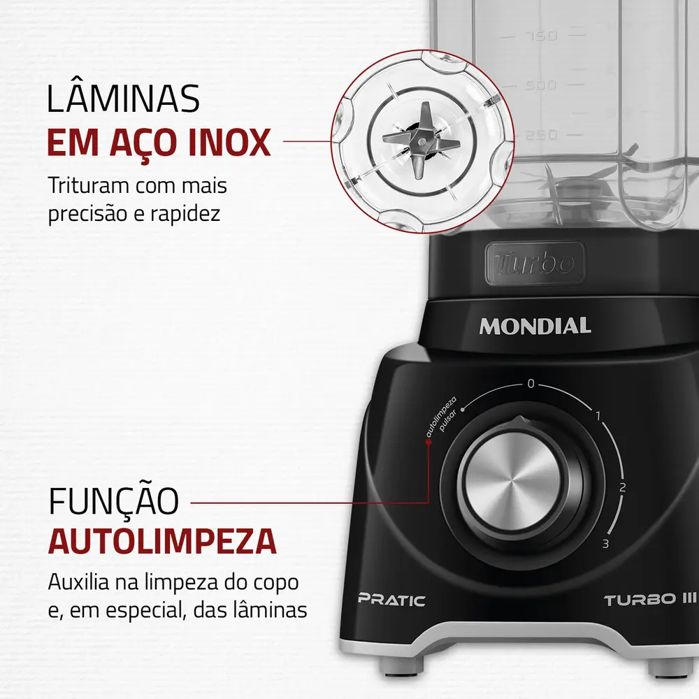 Liquidificador Pratic Turbo III Mondial 550W 2,2L L-93-BG 8