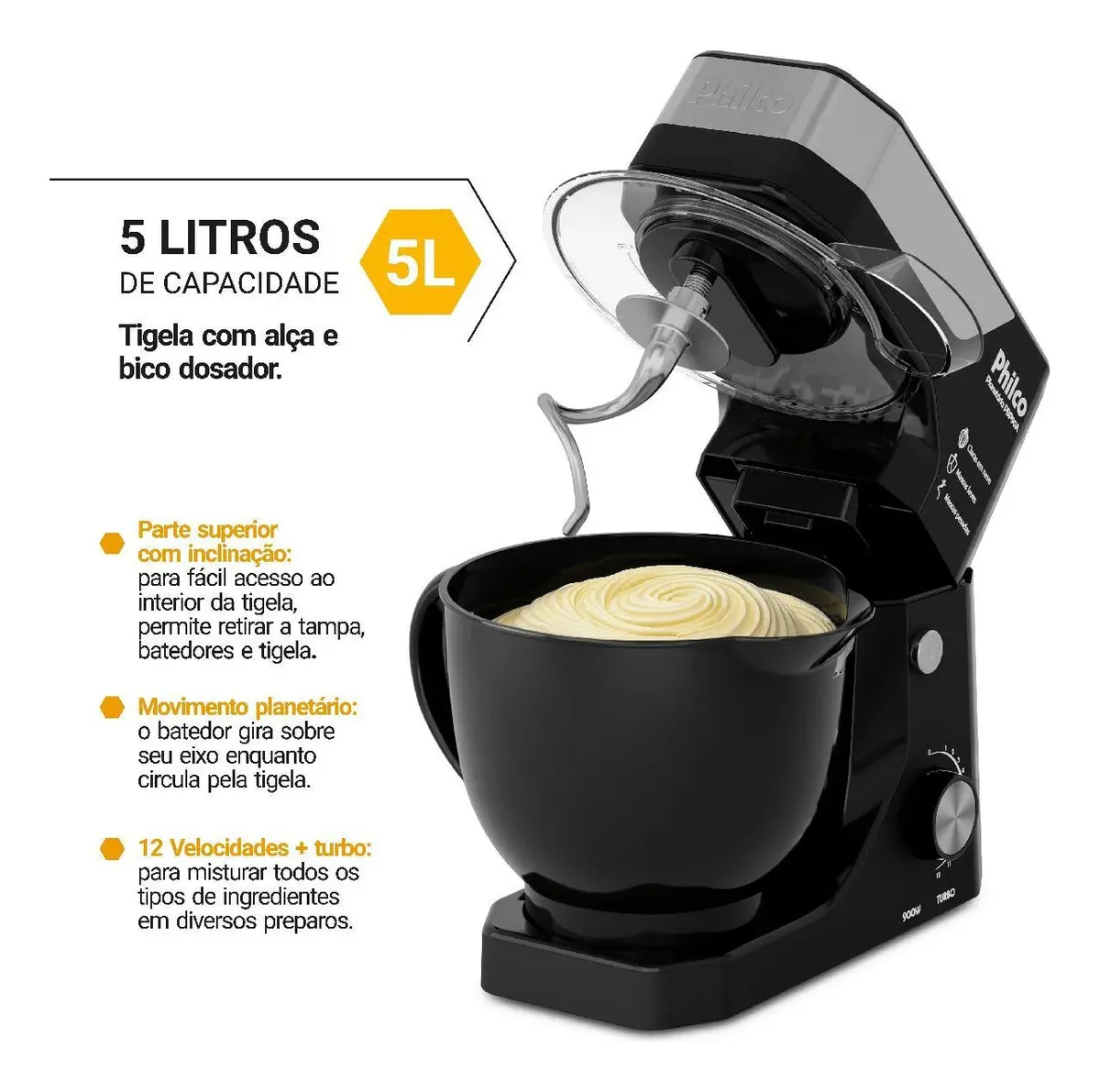 Batedeira Planetária Philco 900W 5L Preta 12 Velocidades Turbo PBP90A 2