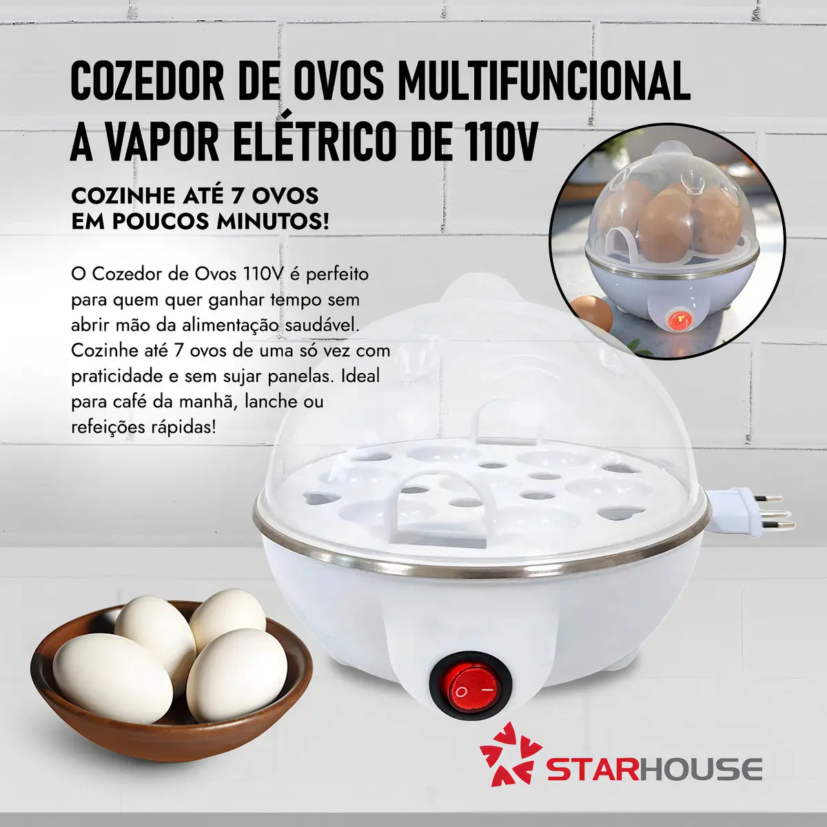 Cozedor de Ovos Elétrico a Vapor Star House Portátil Para 7 Ovos Branco 6