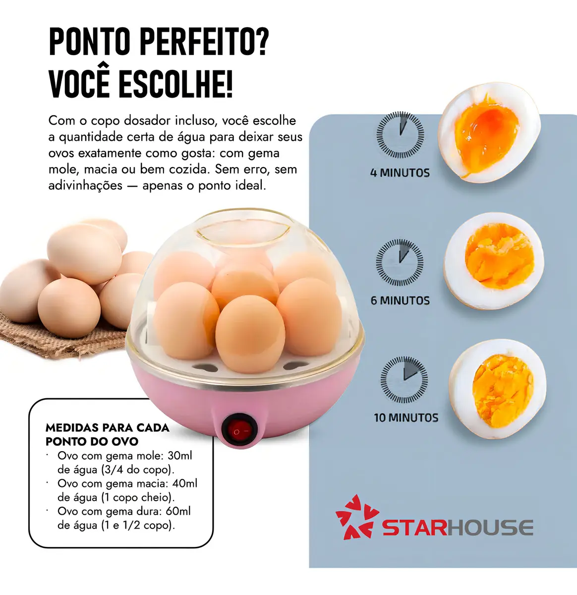 Cozedor de Ovos Elétrico a Vapor Star House Portátil Para 7 Ovos Branco 7