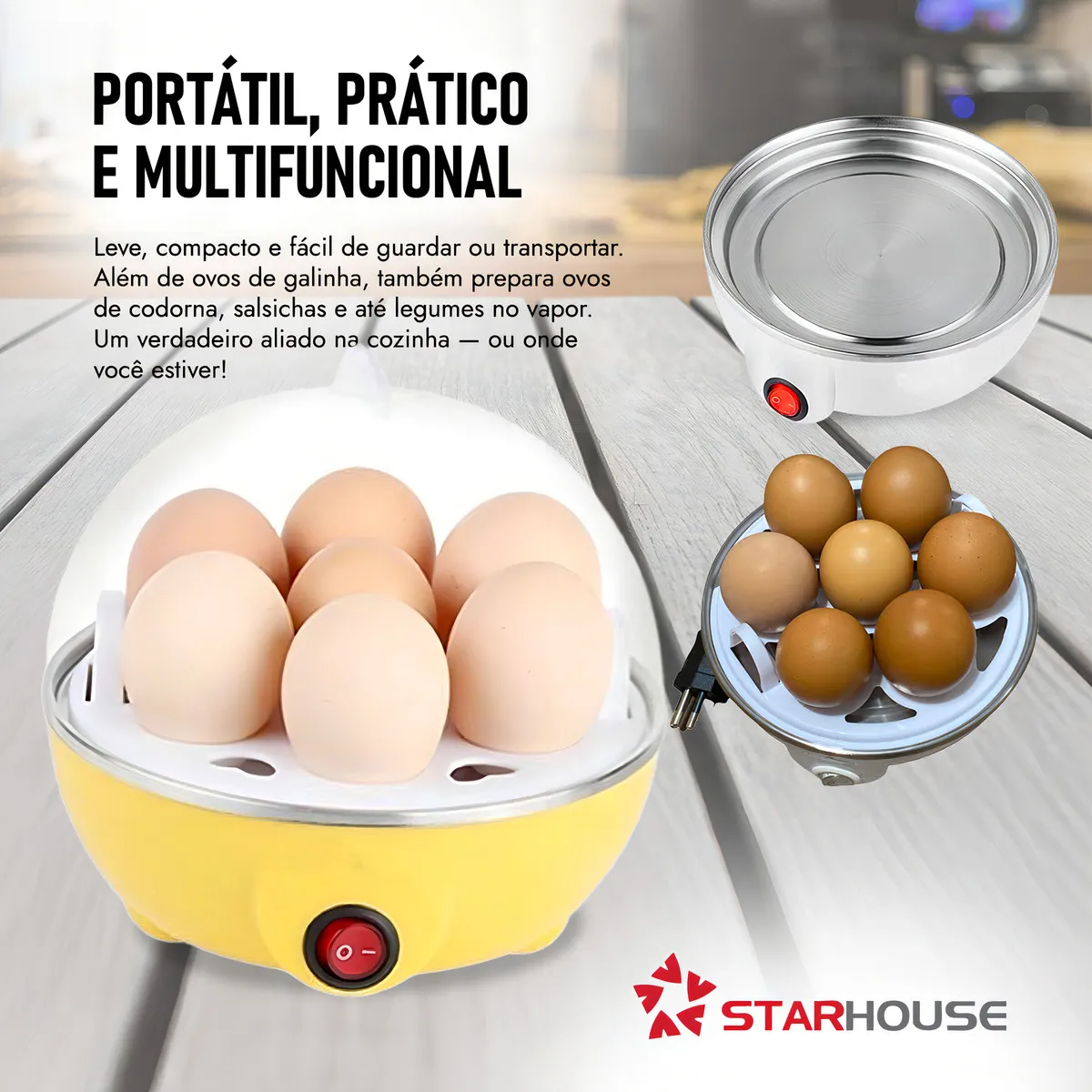 Cozedor de Ovos Elétrico a Vapor Star House Portátil Para 7 Ovos Branco 8