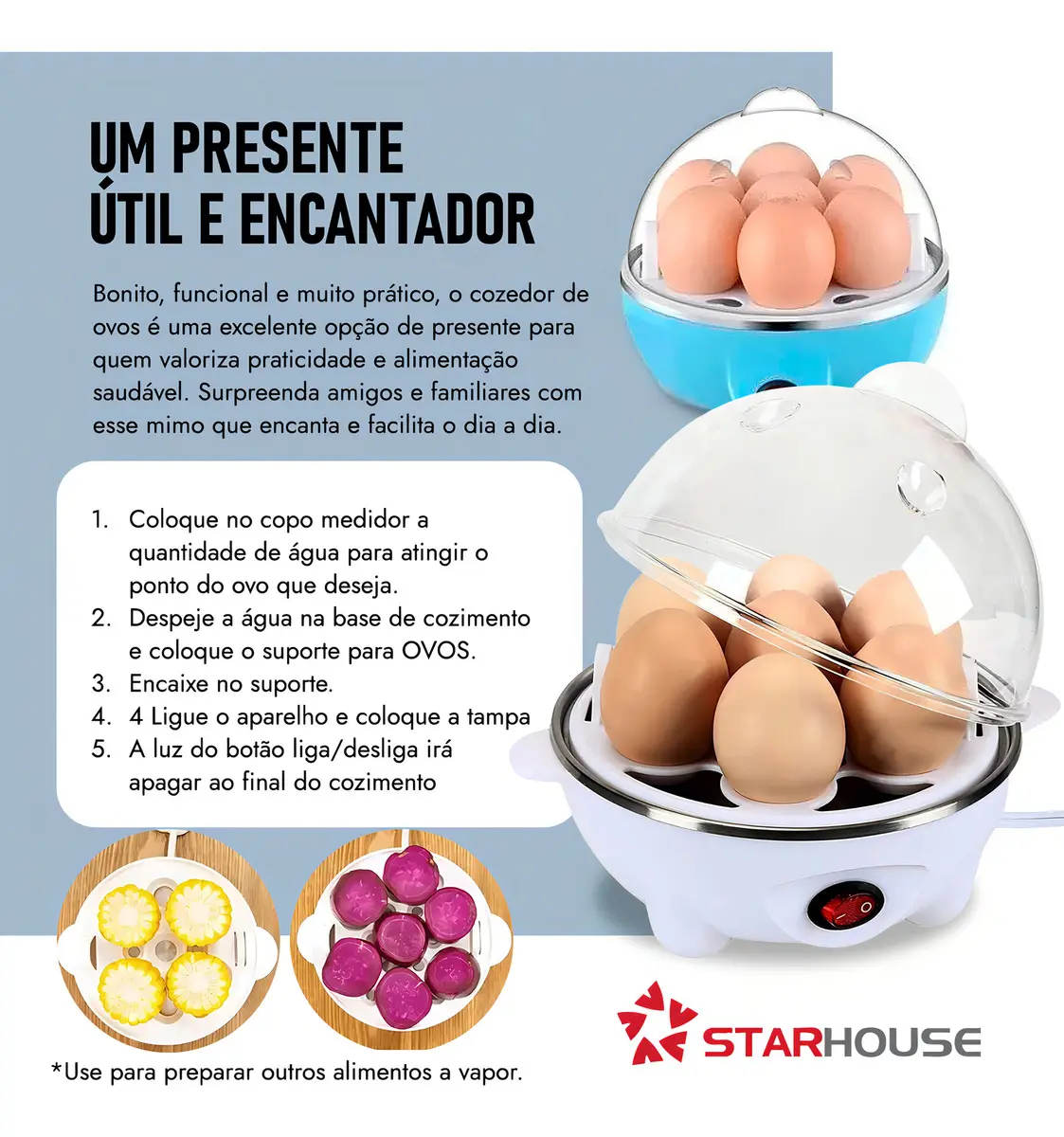 Cozedor de Ovos Elétrico a Vapor Star House Portátil Para 7 Ovos Branco 9