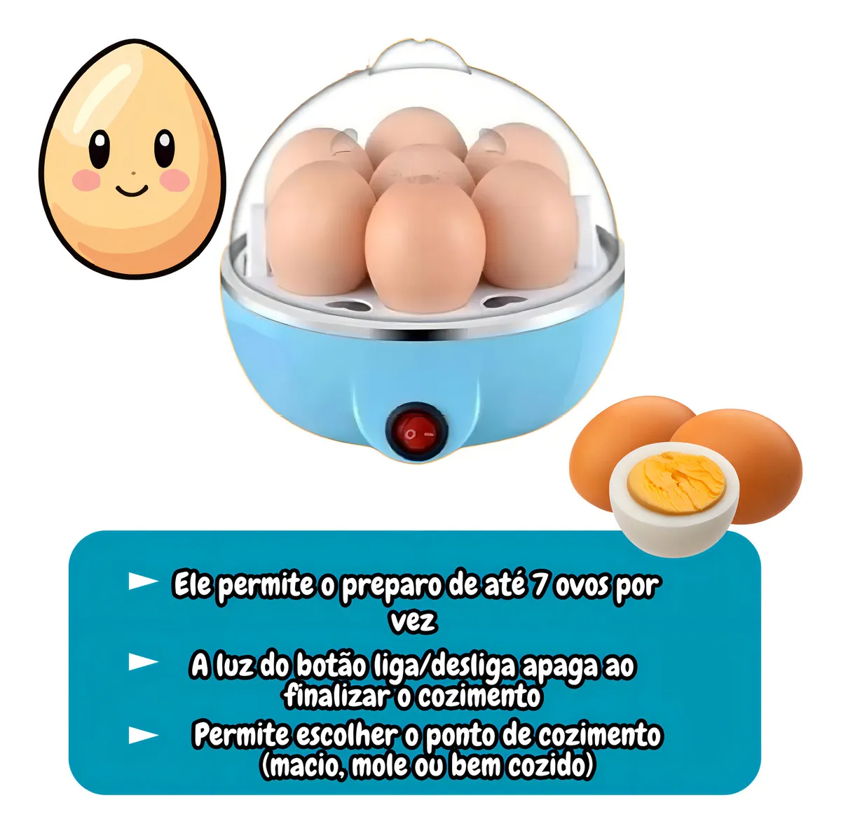 Cozedor de Ovos Elétrico 3 em 1 Portátil Para 7 Ovos Azul Star House 6