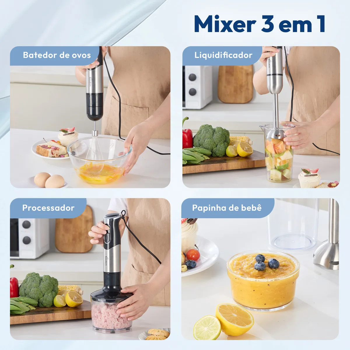Mixer de Mão Kookin Power Inox 3 em 1 800W 8 Velocidades Turbo 8