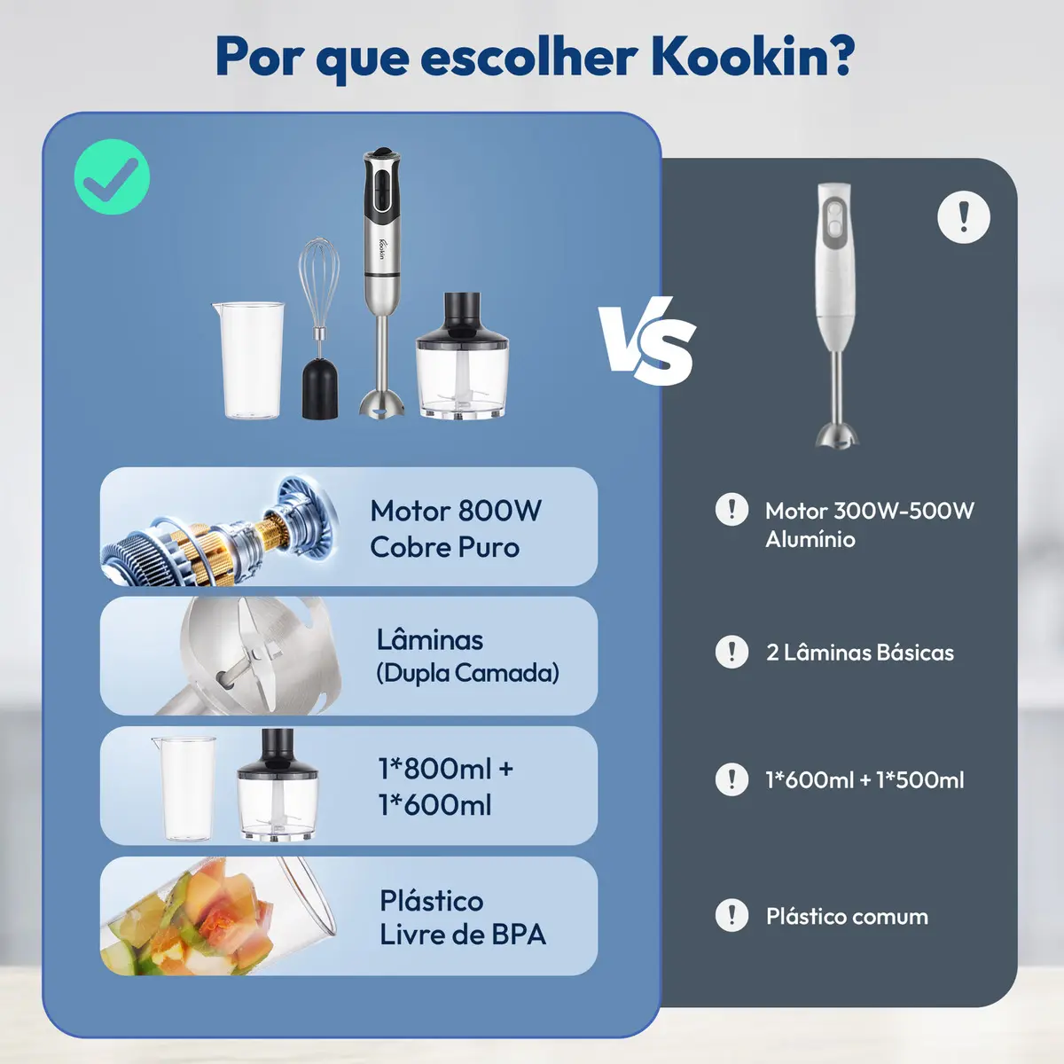 Mixer de Mão Kookin Power Inox 3 em 1 800W 8 Velocidades Turbo 9