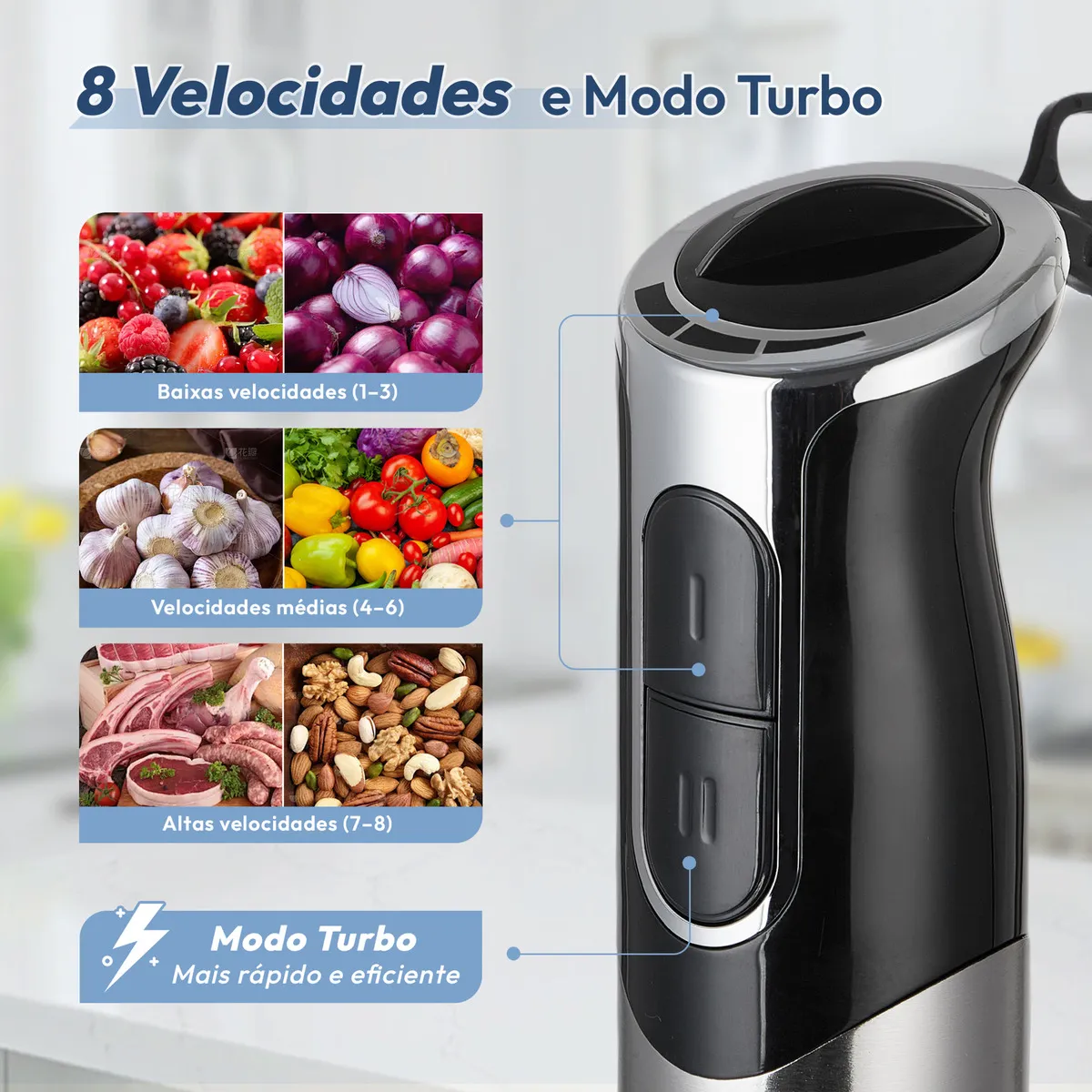 Mixer de Mão Kookin Power Inox 3 em 1 800W 8 Velocidades Turbo 10