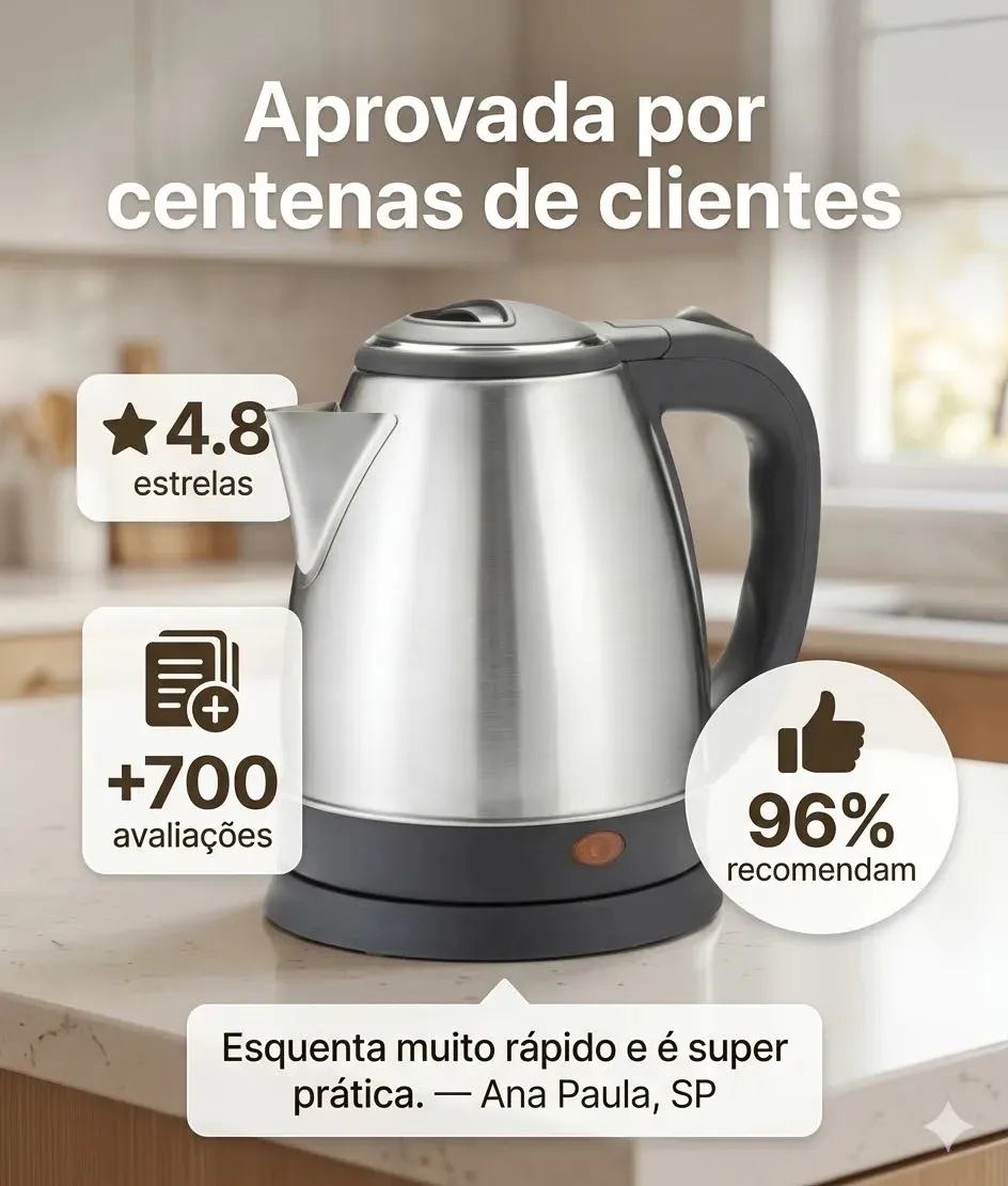 Chaleira Elétrica Inox 1,8L 1000W Aquecimento Rápido Automática Mundilar 14