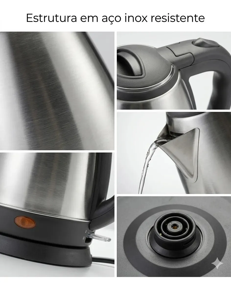 Chaleira Elétrica Inox 1,8L 1000W Aquecimento Rápido Automática Mundilar 11