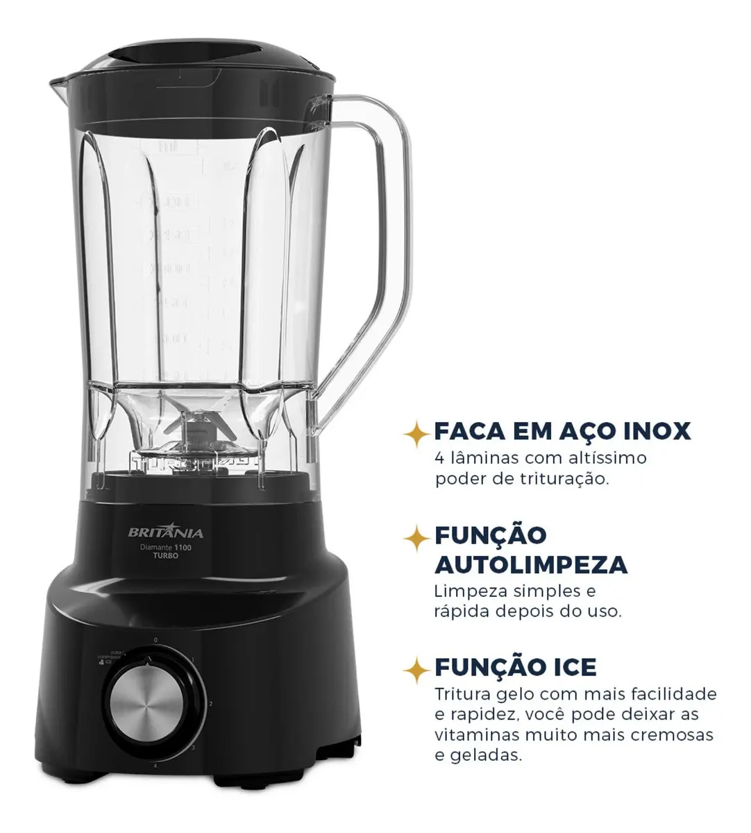 Liquidificador Britânia Diamante 1100 2,6L 600W 4 Velocidades Preto 10