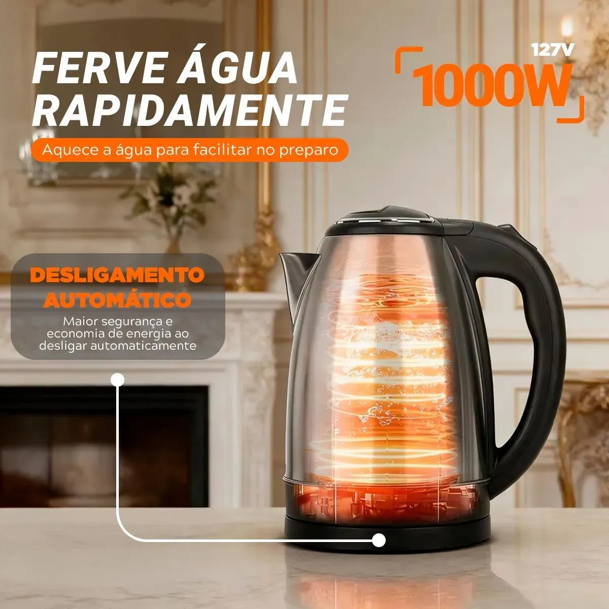 Chaleira Elétrica Sensacional 2L Inox Preta 1000W Desligamento Automático 8
